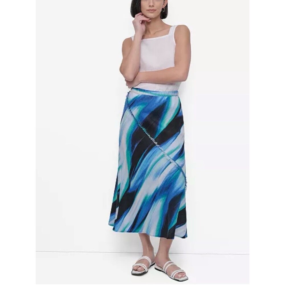 DKNY Linen A Line Midi Skirt Fringe Seam Elastic Waist Pull On Blue Green XL NEW